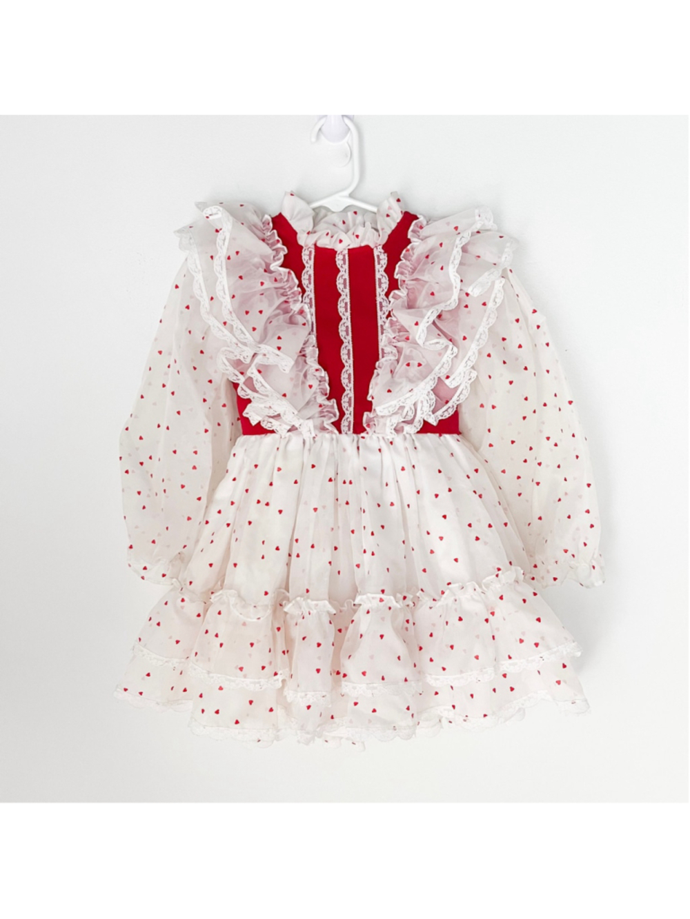 Vintage Martha’s Miniatures Girls Heart Prairie Dress Red White Lace Ruffle